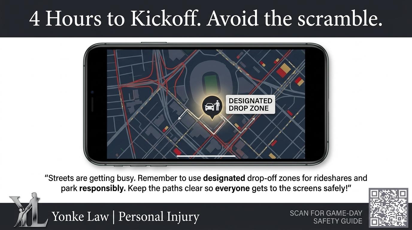 Yonke Law game-day reminder — 4 hours to kickoff in Kansas City