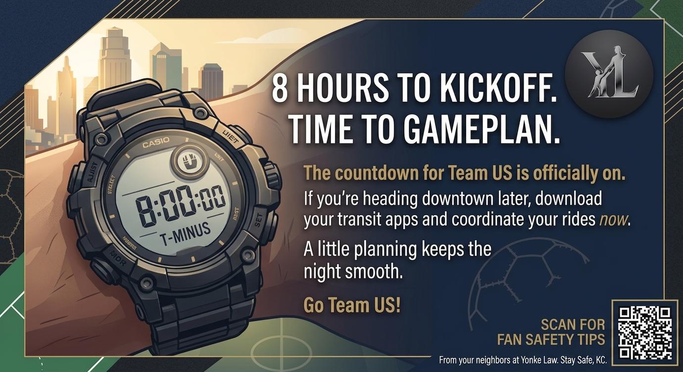 Yonke Law game-day reminder — 8 hours to kickoff, time to gameplan your ride downtown for Team US