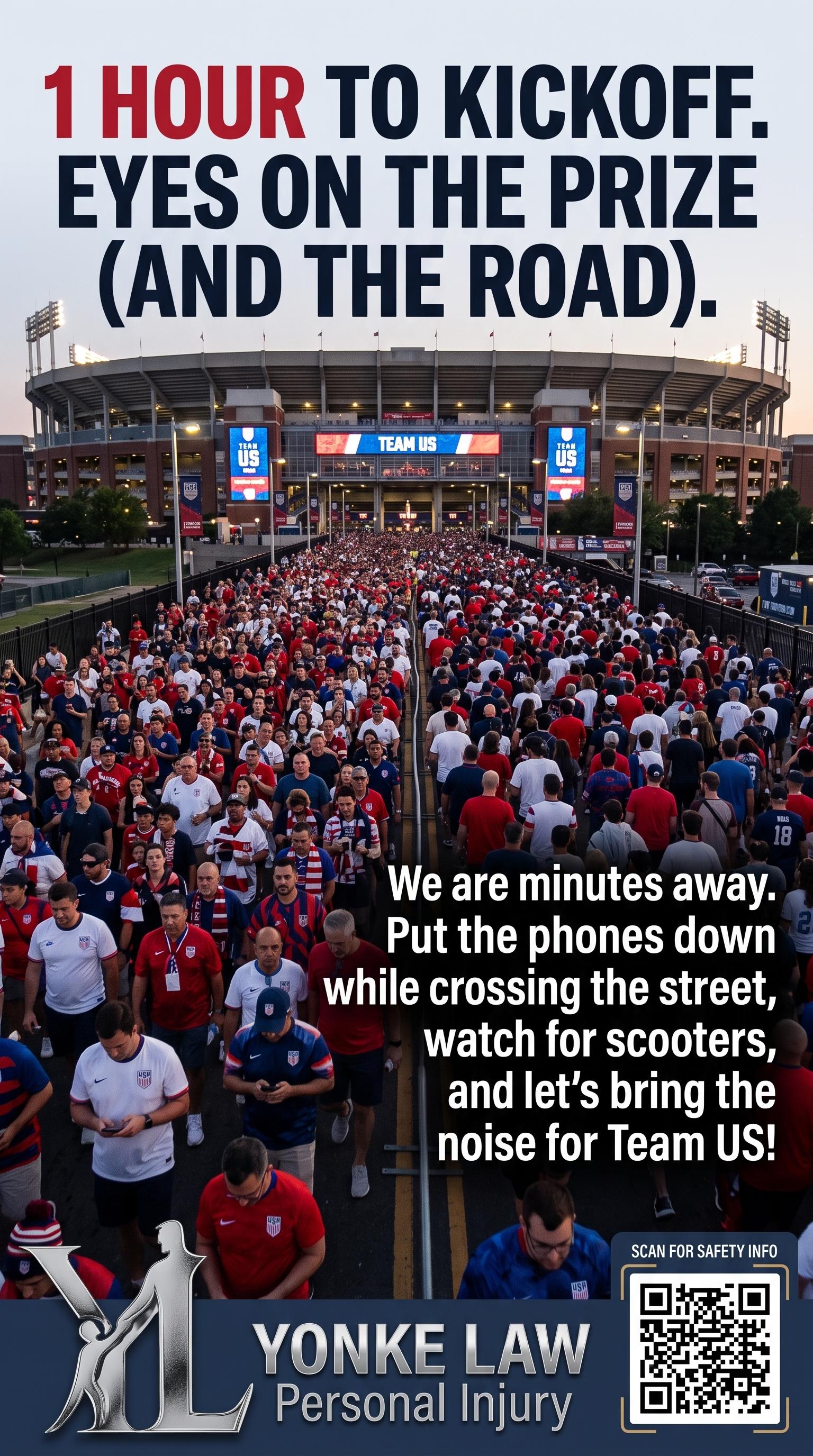 Yonke Law — one hour to kickoff, eyes on the prize and the road as fans stream toward the stadium
