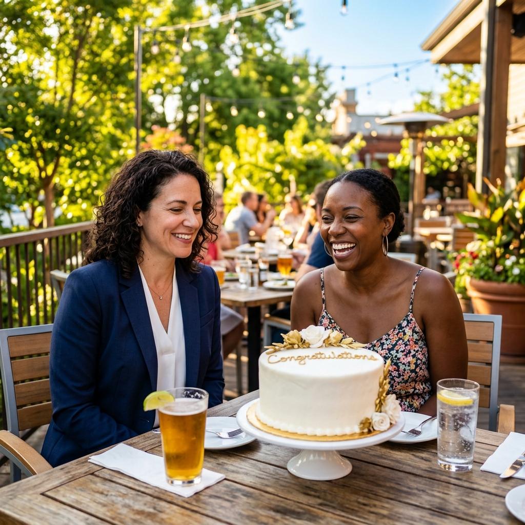 Mike Yonke celebrating a successful case outcome with a client at an outdoor table — Congratulations cake on the table