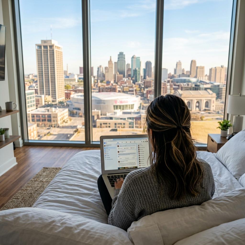 Person on their laptop browsing Facebook from a studio apartment overlooking downtown Kansas City