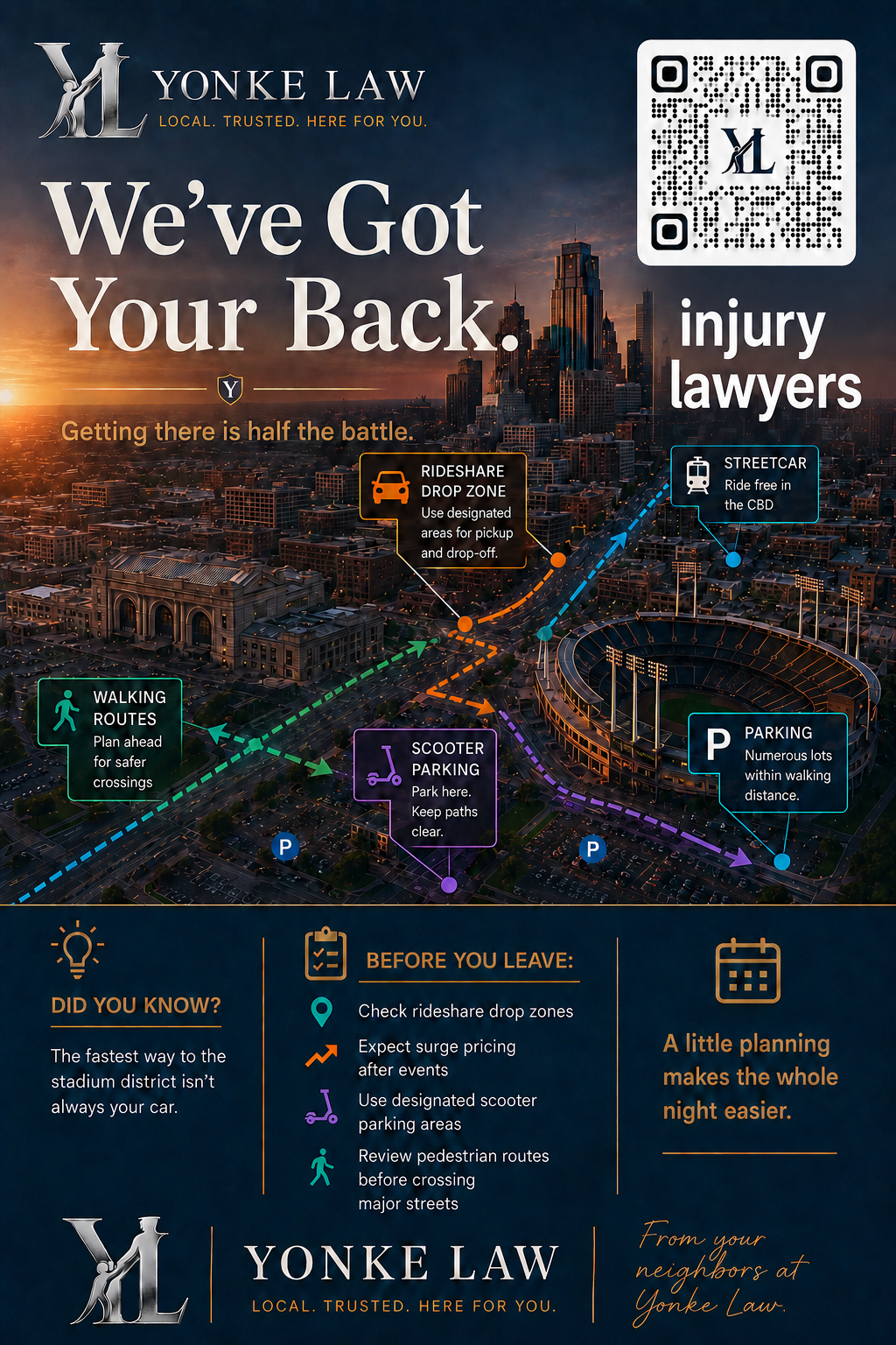 We've Got Your Back — Yonke Law transit and navigation guide for getting around Kansas City safely on game day