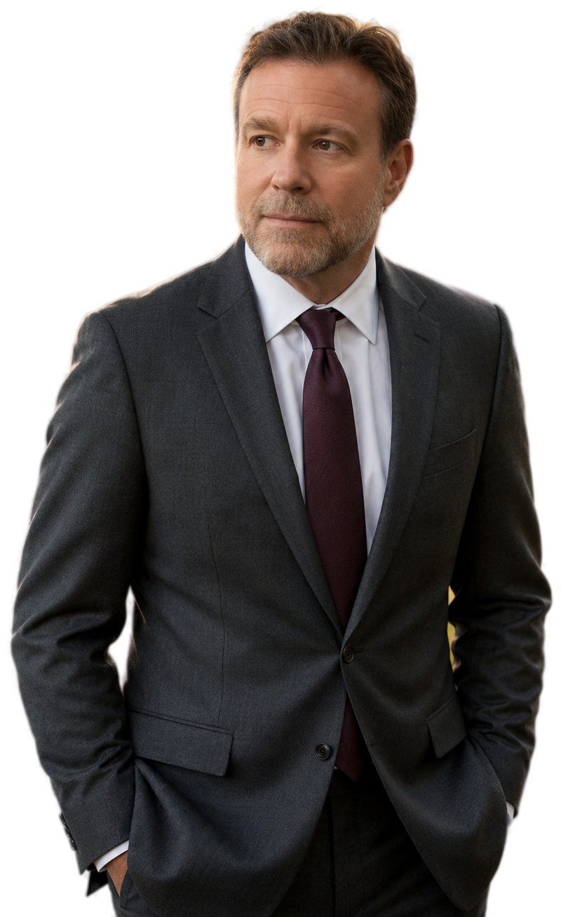 Mike Yonke, founding partner of Yonke Law, photographed in a sunlit forest.